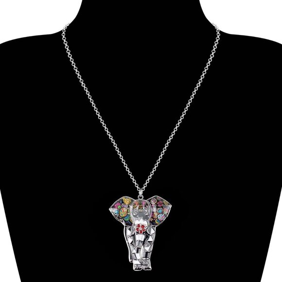 Women's Gray Jungle Safari Wild Enamel Pendant Lightweight Elephant Necklace - Picture 2 of 6